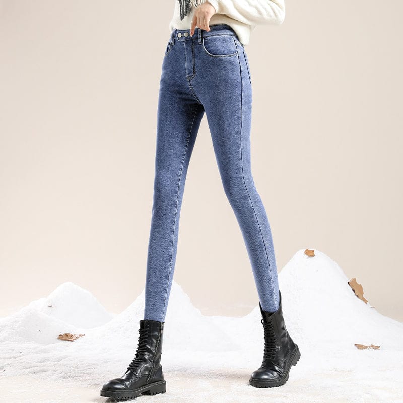 Skinny jeans med høy midje Fleece Varm Slim Fit Stretch denimbukser