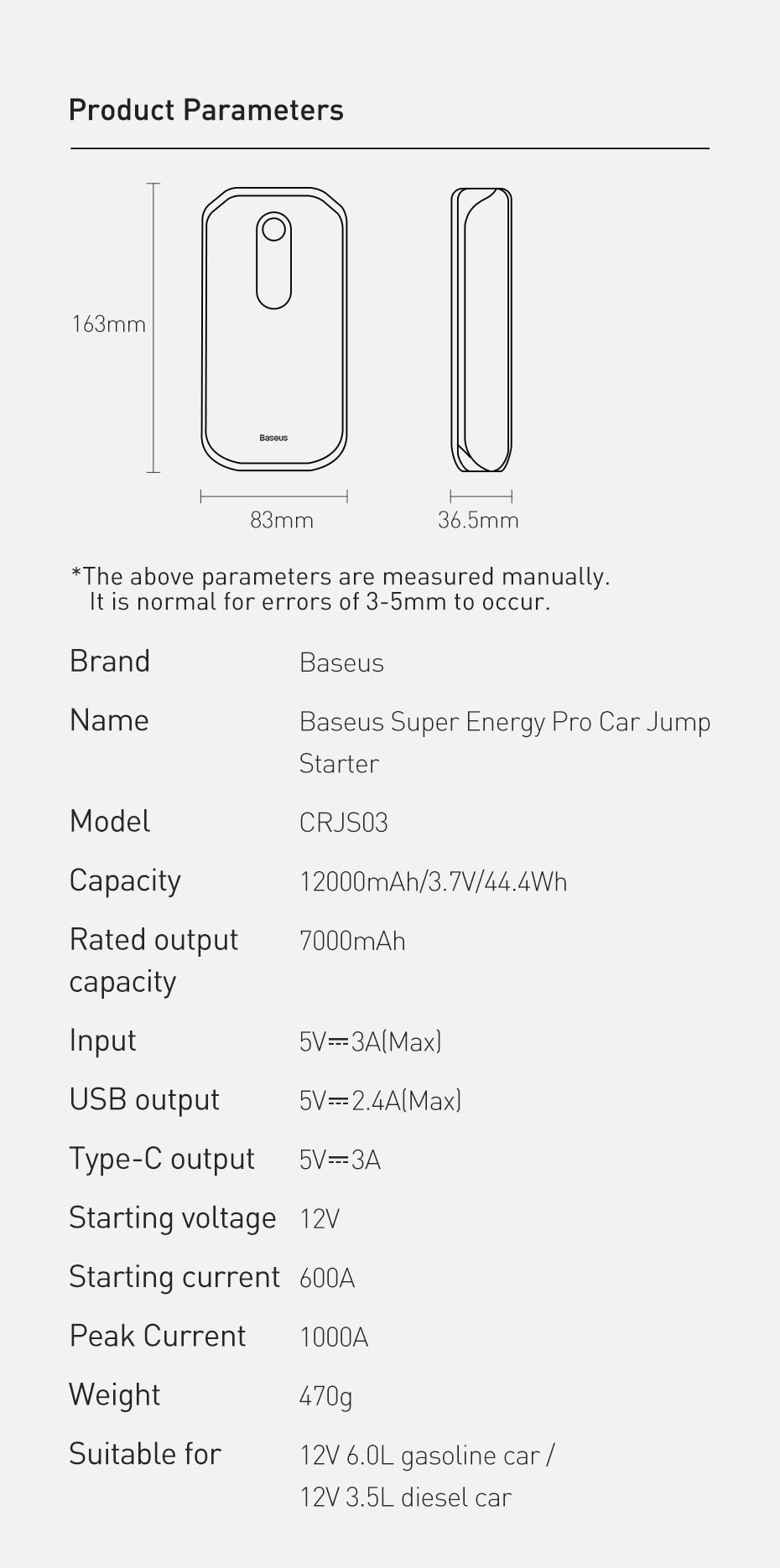 1000A Car Jump Starter Power Bank 12000mAh