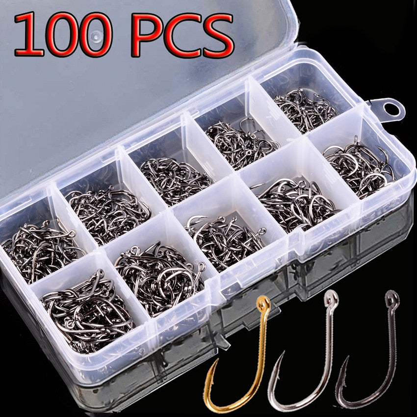 100Pcs Fishing Hooks Set Carbon Steel