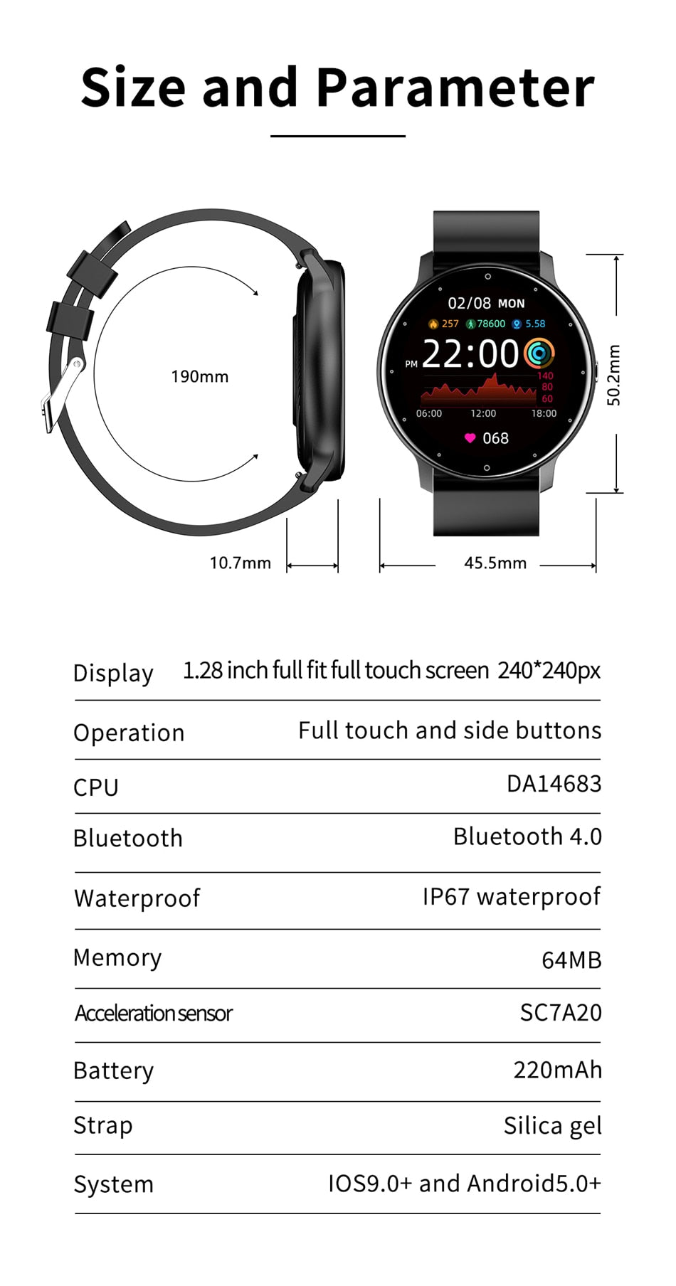 Smart Watch Full vanntett Bluetooth-berøringsskjerm