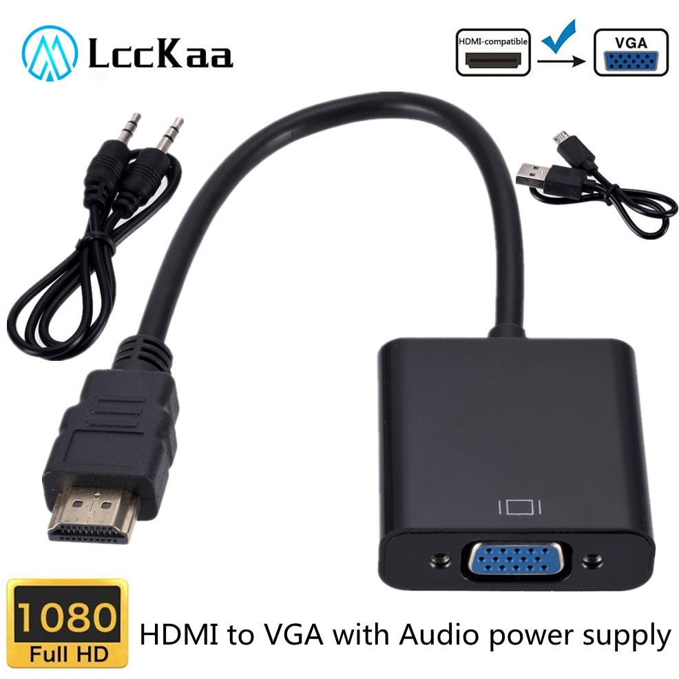 HDMI To VGA Cable Converter HD 1080P With Audio Power Supply Male Adapter