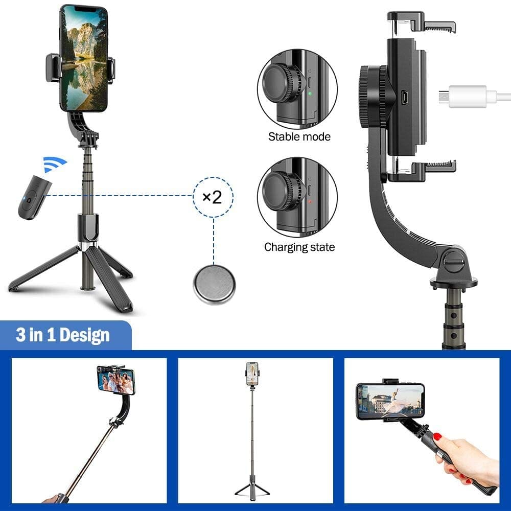 Gimbal Stabilizer Selfie Stick Tripod with Bluetooth Wireless Remote