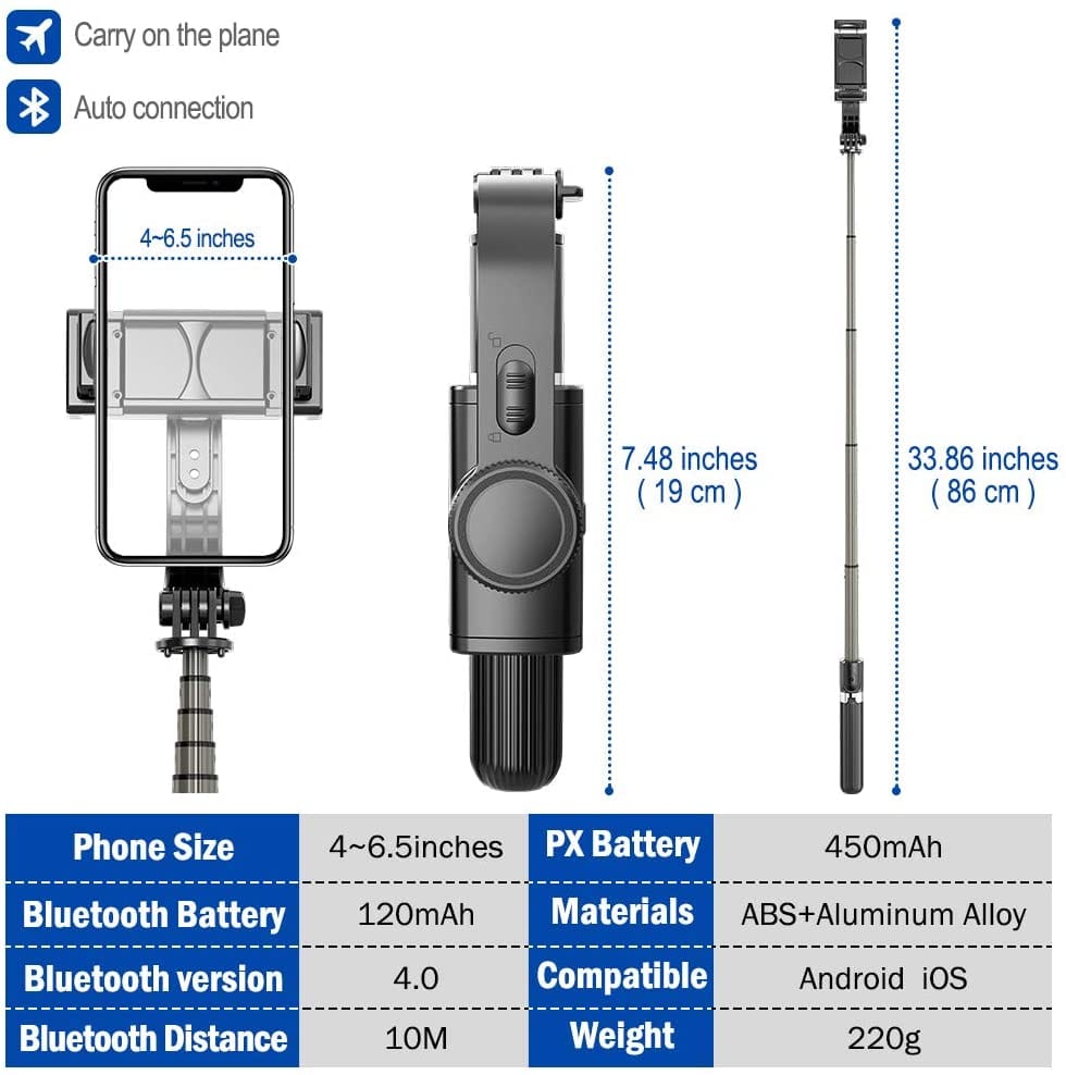 Gimbal Stabilizer Selfie Stick Tripod with Bluetooth Wireless Remote