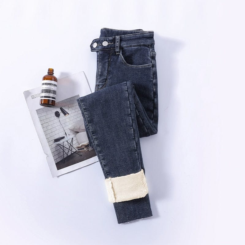 Skinny jeans med høy midje Fleece Varm Slim Fit Stretch denimbukser