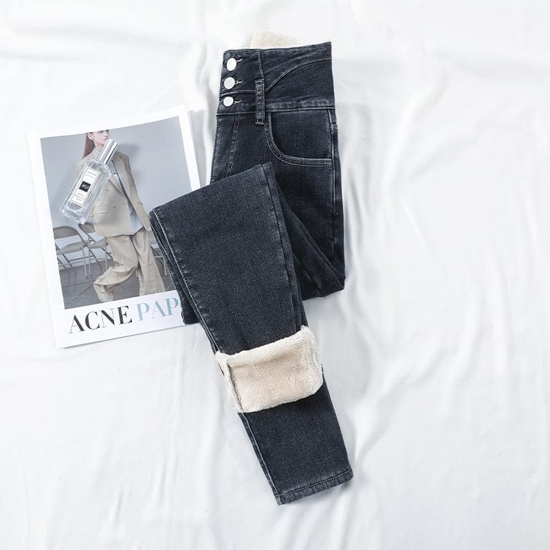 Skinny jeans med høy midje Fleece Varm Slim Fit Stretch denimbukser