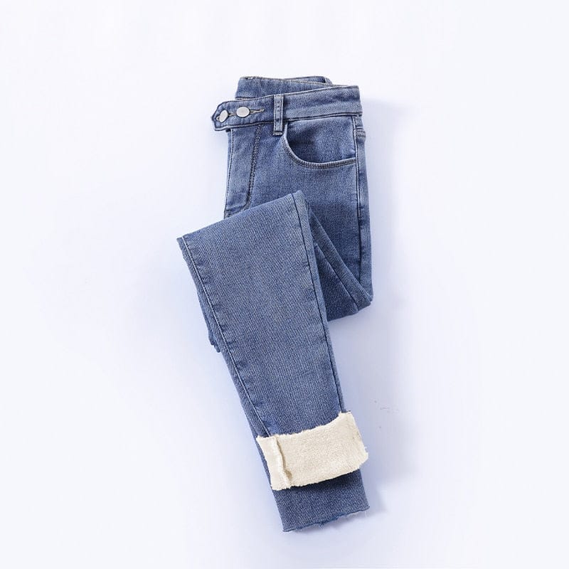 Skinny jeans med høy midje Fleece Varm Slim Fit Stretch denimbukser