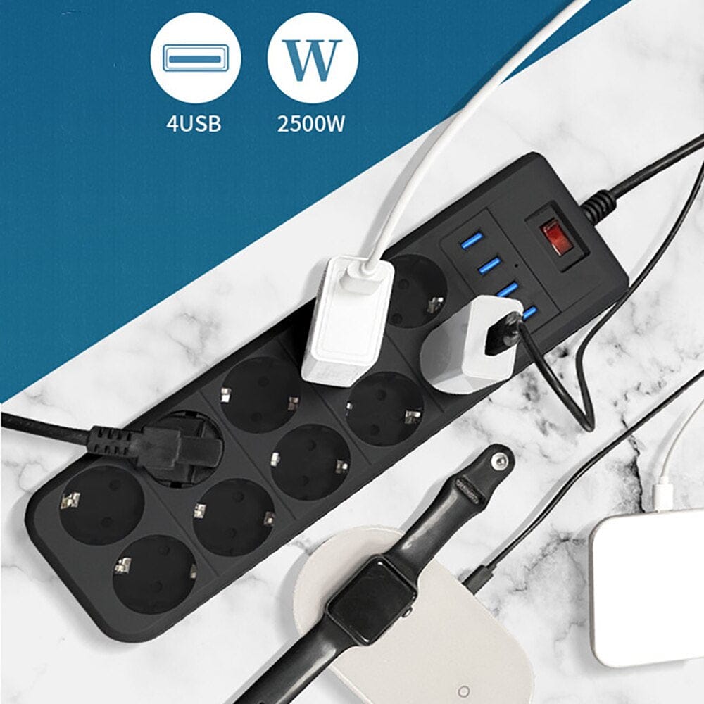 Power Strip AC Outlets EU Plug Socket USB Charging Port 2m Cord