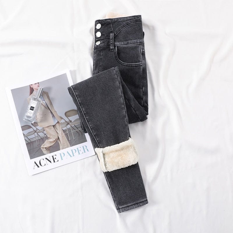 Skinny jeans med høy midje Fleece Varm Slim Fit Stretch denimbukser