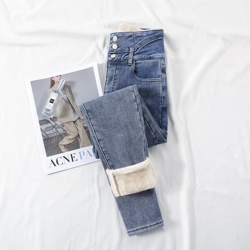 Skinny jeans med høy midje Fleece Varm Slim Fit Stretch denimbukser